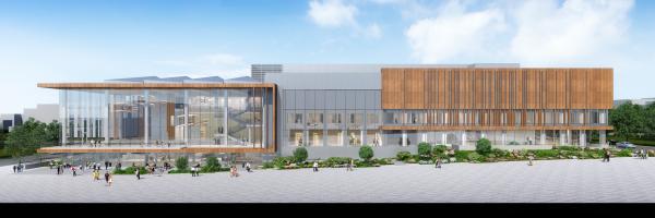 A computer rendering of the NC Museum of History facade. It features a glass atrium and wood elements. 