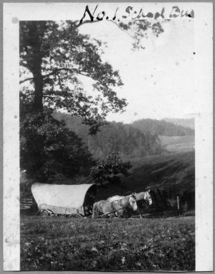 Black and white photo of a covered wagon and two horses. They are on a dirt road with hills and a tree behind them.