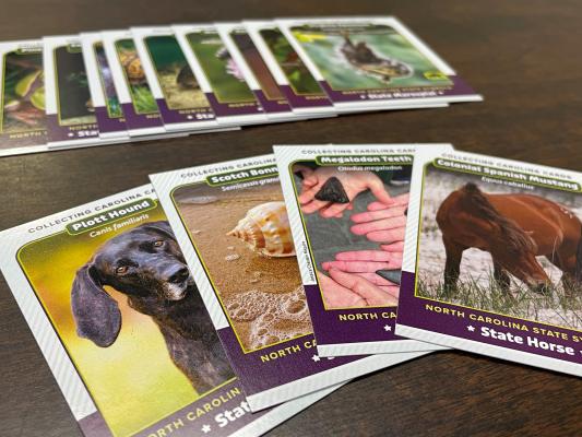 A spread of trading cards featuring North Carolina state animal symbols.