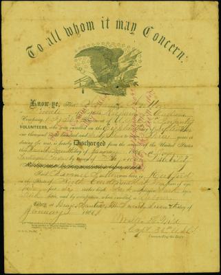 Civil War discharge certificate for Samuel Sullivan, dated 1866, from the 35th U.S. Colored Infantry.
