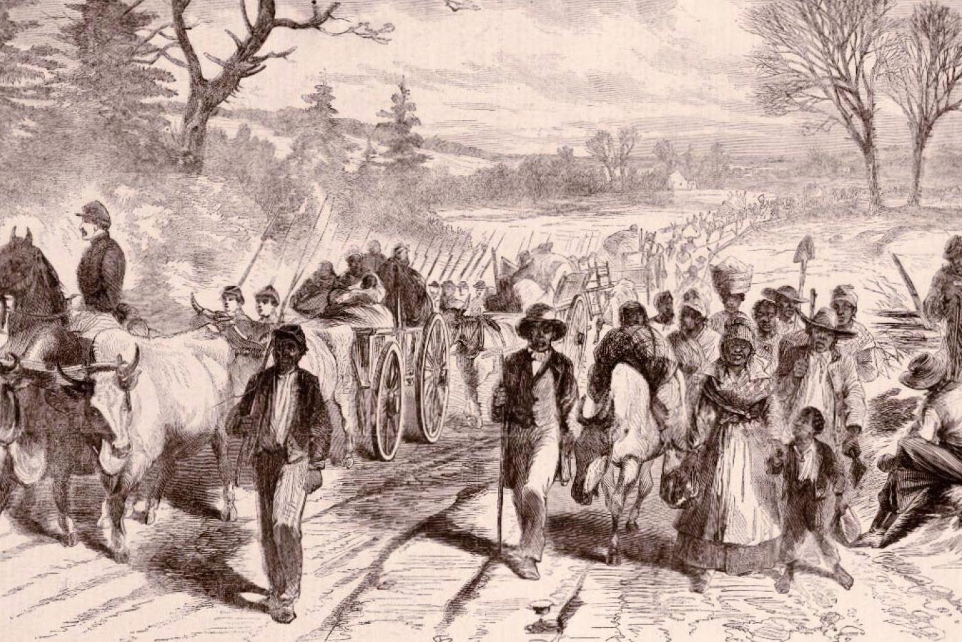 Illustration of freed African Americans traveling with Union soldiers during the Civil War.