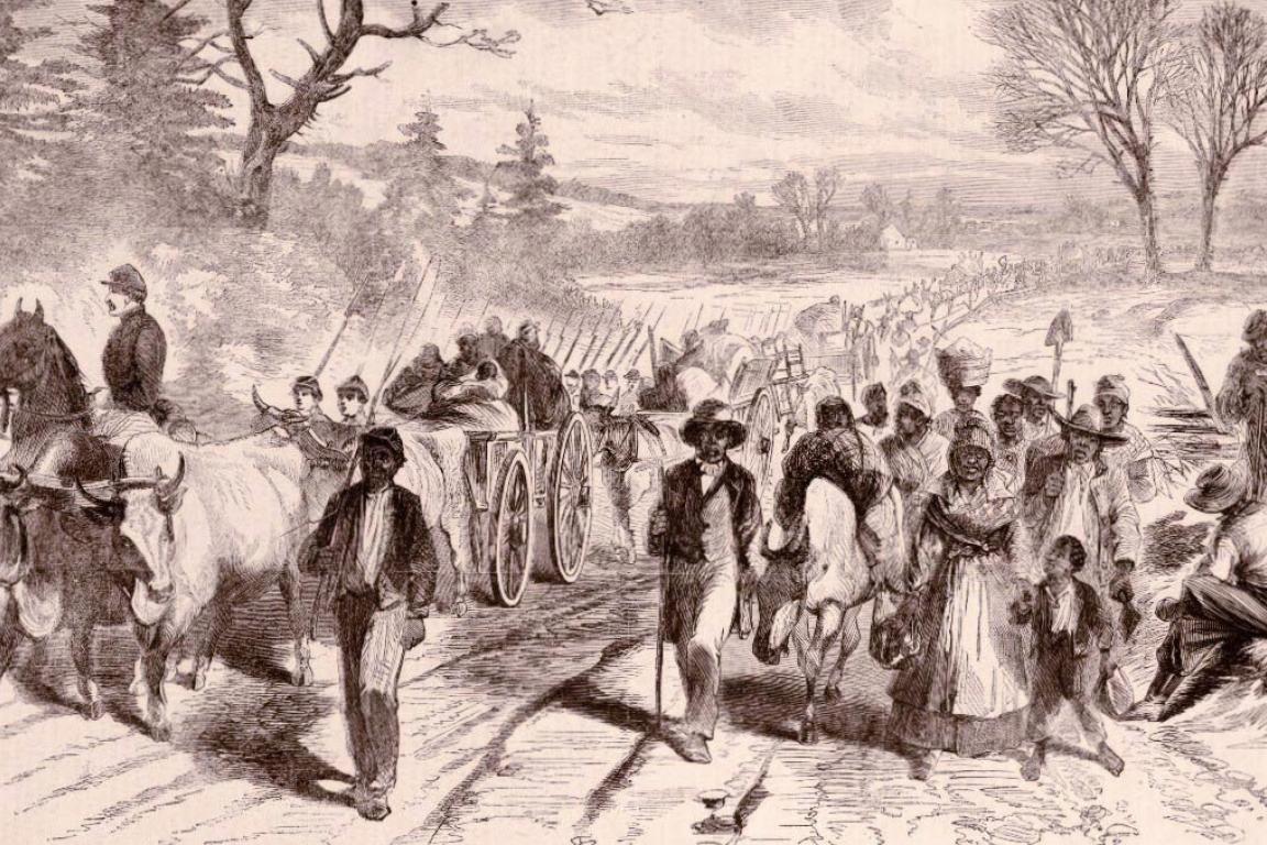 Illustration of freed African Americans traveling with Union soldiers during the Civil War.