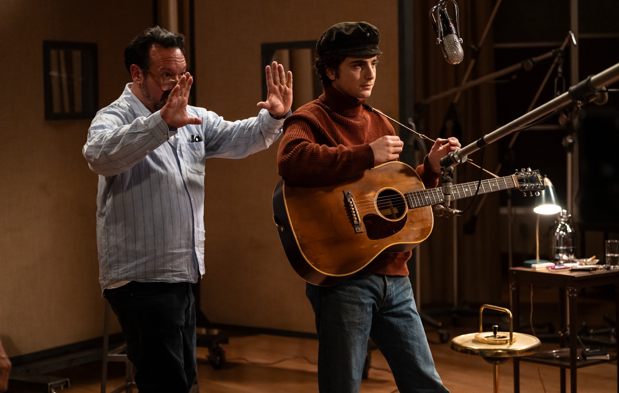 James Mangold and Timothée Chalamet in 'A Complete Unknown'. 