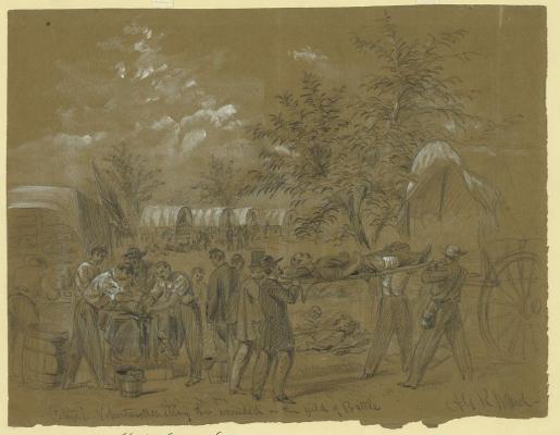 Antique drawing of men in a civil war camp. One group is carrying a man on a stretcher, while another group is leaning over a patient.