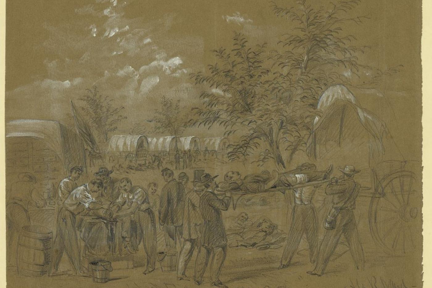 Antique drawing of men in a civil war camp. One group is carrying a man on a stretcher, while another group is leaning over a patient.