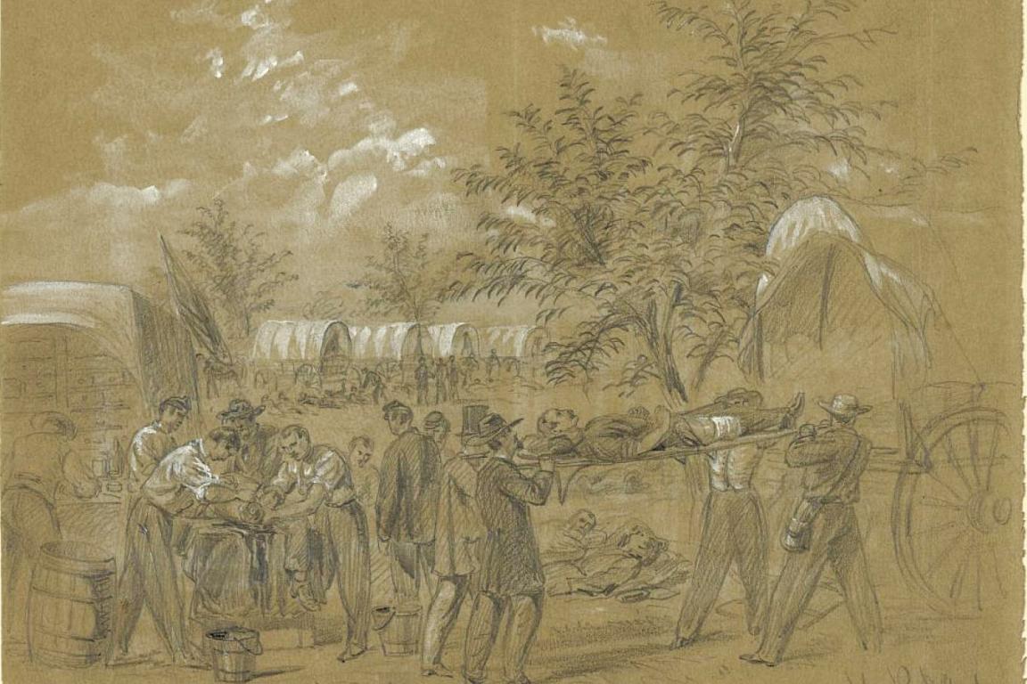 Citizen volunteers assisting the wounded on the field of battle. Originally published in Harper’s Weekly, October 11, 1862. Photo courtesy of the Library of Congress.