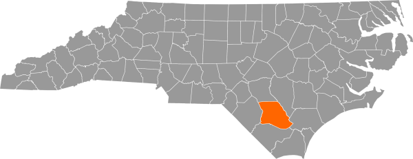 A gray map of North Carolina with Bladen County filled in with orange.