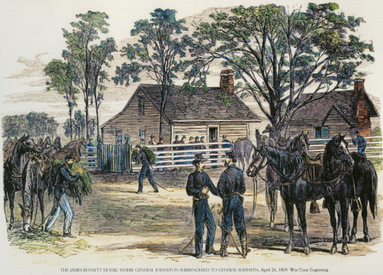 Color engraving of Union and Confederate soldiers outside the James Bennett House in North Carolina