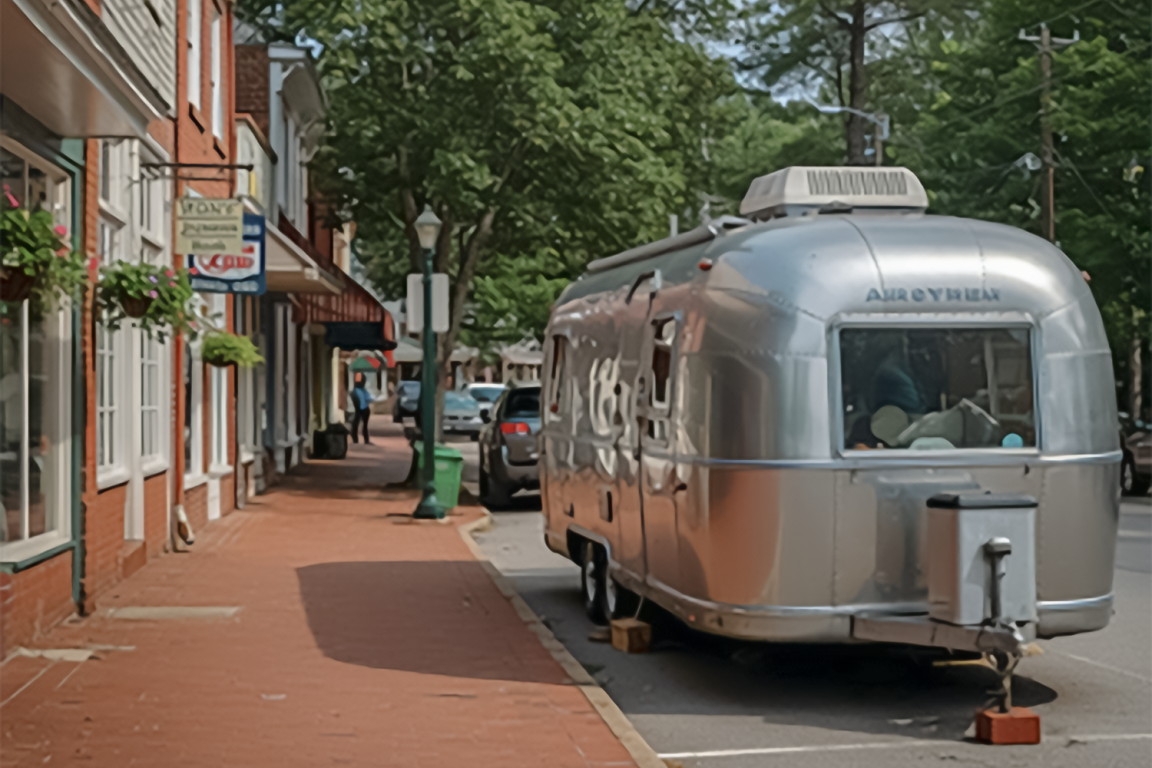 Downtown street with museum trailer parked