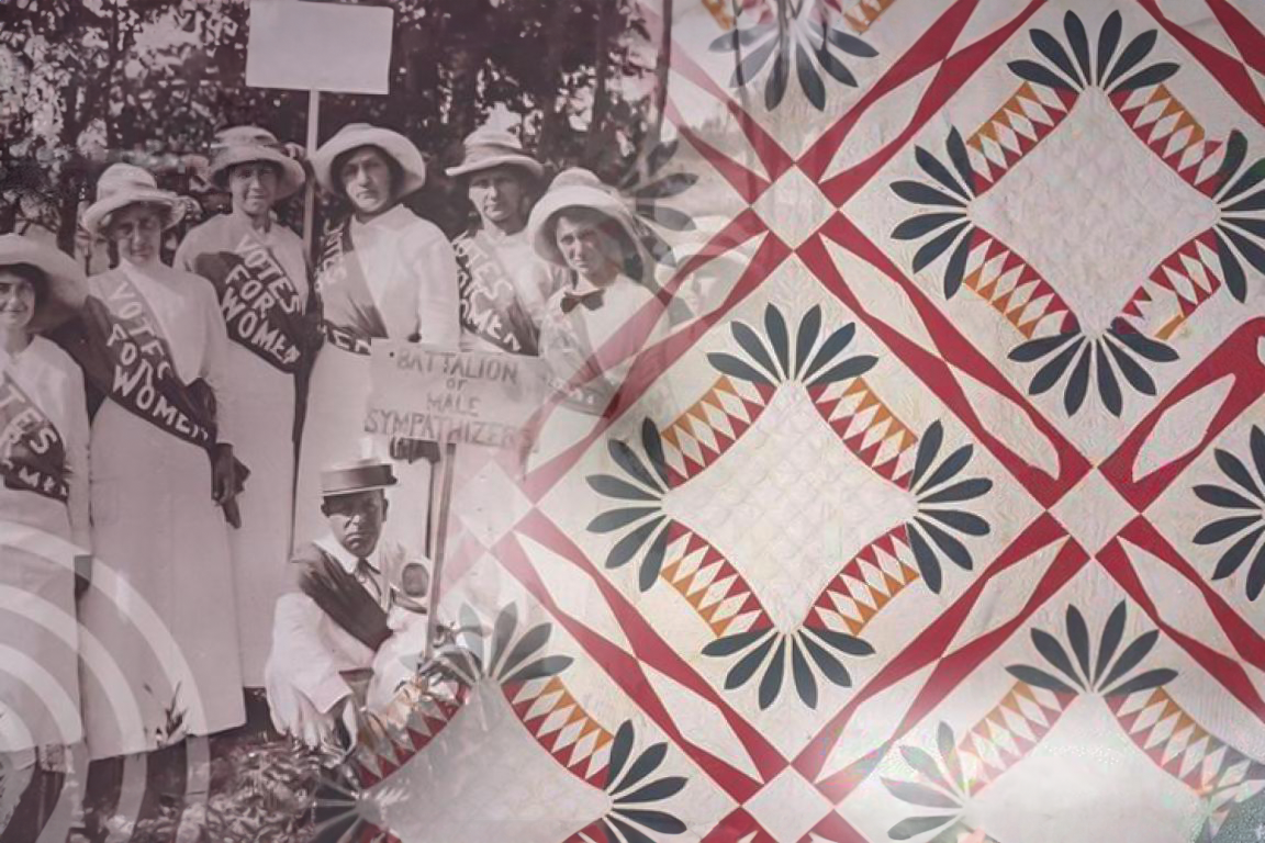 Women standing with signs that fades into a red and green pattern.